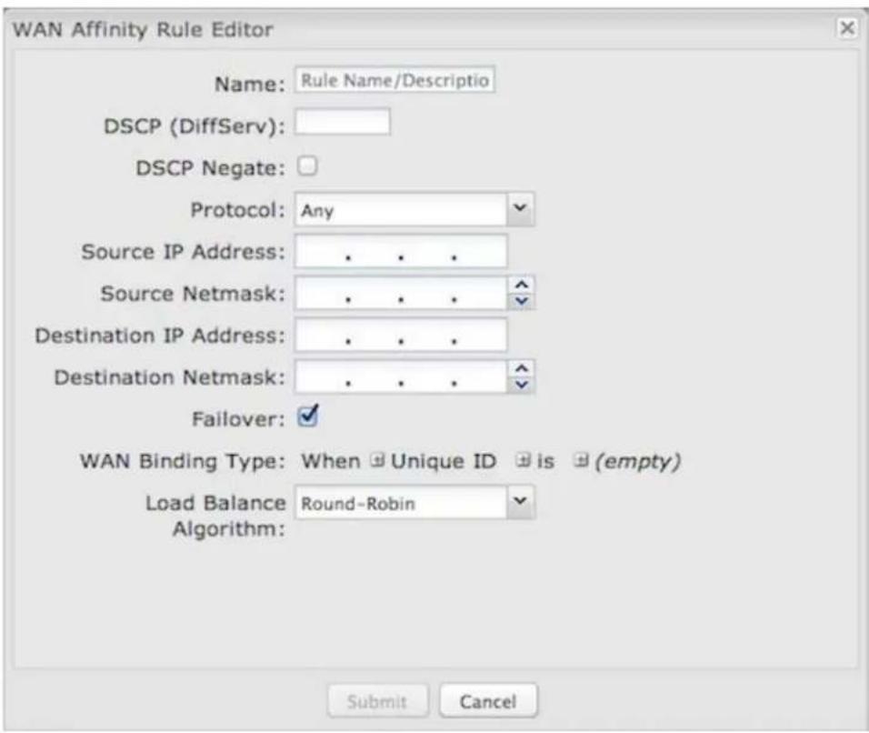 WAN Affinity Rule Editor Name: Rule Name/Descriptio DSCP (DiffServ): DSCP Negate: Protocol: Any Source IP Address: . . . Source Netmask: . . . Destination IP Address: . . . Destination Netmask: . . . Failover: ✓ WAN Binding Type: When ☑ Unique ID ☑ is ☑ (empty) Load Balance Round-Robin Algorithm: Submit Cancel