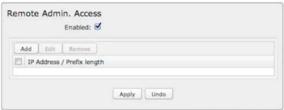 Remote Admin. Access Enabled: Add Edit Remove IP Address / Prefix length Apply Undo