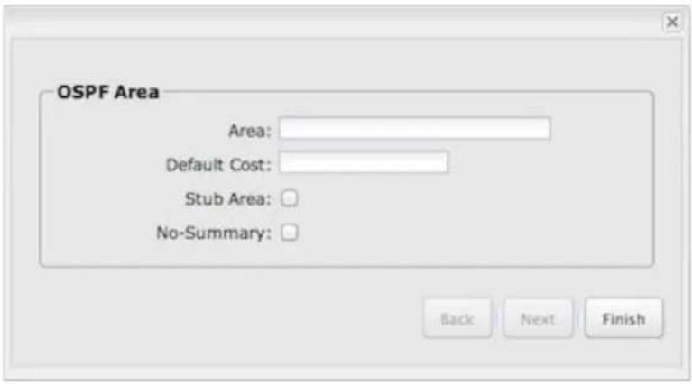 OSPF Area Area: Default Cost: Stub Area: No-Summary: Back Next Finish