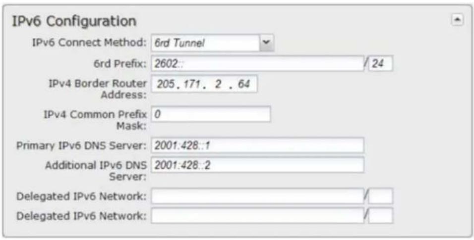 IPv6 Configuration IPv6 Connect Method: 6rd Tunnel 6rd Prefix: 2602: / 24 IPv4 Border Router 205.171.2.64 Address: IPv4 Common Prefix 0 Mask: Primary IPv6 DNS Server: 2001:428..1 Additional IPv6 DNS Server: 2001:428..2 Delegated IPv6 Network: / Delegated IPv6 Network: