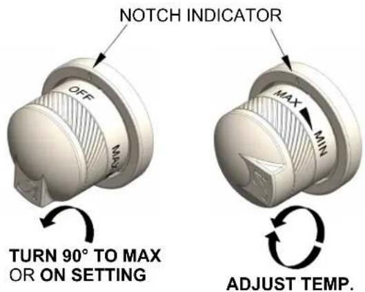 NOTCH INDICATOR OFF MAX MIN TURN 90° TO MAX OR ON SETTING MAX MIN ADJUST TEMP.