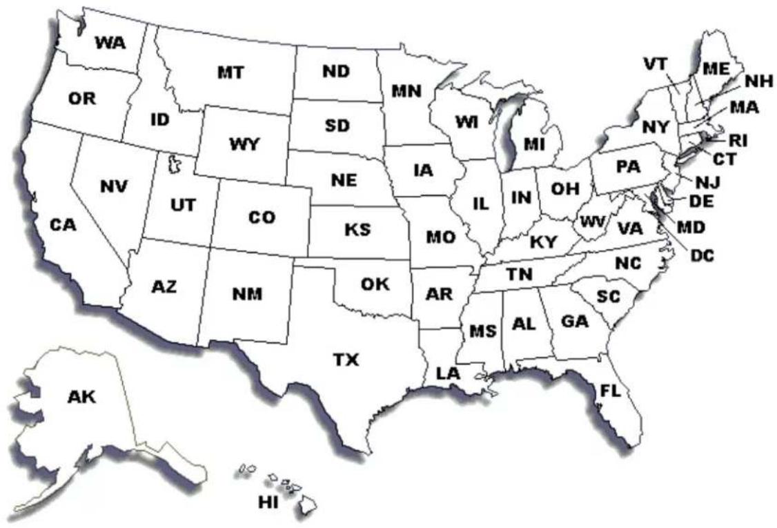 WA OR ID NT MD NY WI MI NE SD IA IL IN OH PA NY NJ DE MD VA TX OK AR TN SC MS AL GA LA FL AK HI CA NV UT CO KS MO KY DC