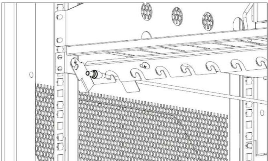 Technical line drawing of a mechanical assembly with meshed panel and mounting bracket (no text or symbols)