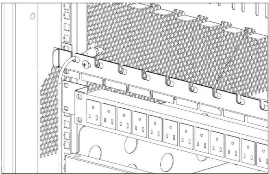 Technical line drawing of a server rack with hexagonal mesh insulation and multiple circuit switches (no text or symbols)