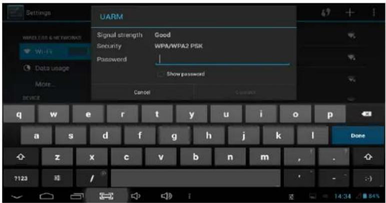 Settings UARM Signal strength Good Security WPA/WPA2 PISK Password Show password Cancel Connect q w e r t y u i o p a s d f g h j k l Done z x c v b n m , . 7123 / 14:34 84%