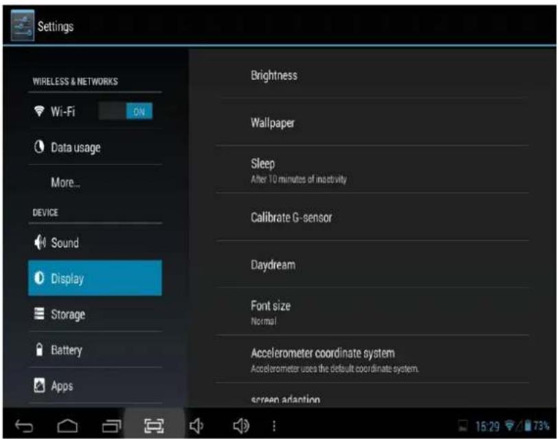 Settings WIRELESS & NETWORKS Wi-Fi ON Data usage More... DEVICE Sound Display Storage Battery Apps Brightness Wallpaper Sleep After 10 minutes of inactivity Calibrate G-sensor Daydream Font size Normal Accelerometer coordinate system Accelerometer uses the default coordinate system. screen adaption