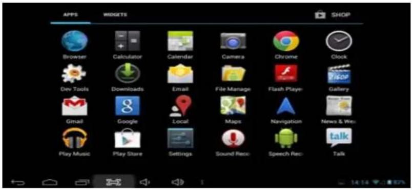 APPS WIDGETS SHOP Browser Calculator Calendar Camera Chrome Clock Dev Tools Downloads Email File Manage Flash Player: Gallery Gmail Google Local Maps Navigation News & Web Play Music Play Store Settings Sound Rec: Speech Rec: Talk
