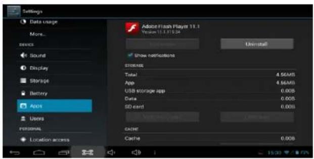 Settings Data usage More... seconds Sound Display Storage Battery Apps Users Personal Location access Adobe Flash Player 11.1 Version 11.1.01524 Uninstall Show notifications STORAGE Total 4.56MS App 4.56MS USB storage app 0.00B Data 0.00B SD card 0.00B Cache 0.00B Cache 0.00B