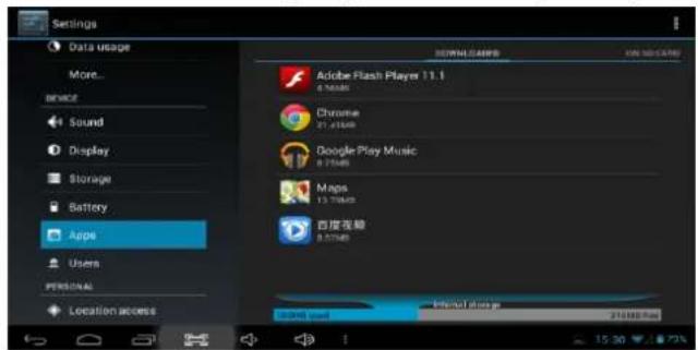 Settings Data usage More... DEVICE Sound Display Storage Battery Apple Users PERSONAL Location access ADBE Flash Player 11.1 4 Music Chrome 21.415KB Google Play Music 8.75KB Maps 13.76KB 百度花鲸 8.57KB Android World Android World 21MB Max