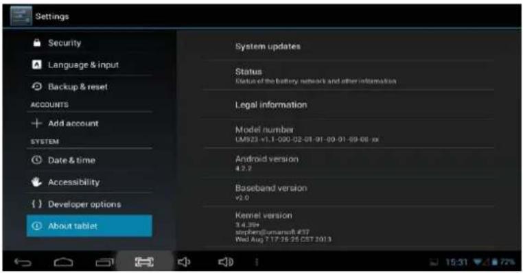 Settings Security Language & input Backup & reset ACCOUNTS Add account SYSTEM Date & time Accessibility Developer options About tablet System updates Status Status of the battery network and other information Legal information Model number LM923 +1.1 000-02-01 01-03-01-09-08 xx Android version 4.2.2 Baseband version v2.0 Kernel version 3.4.36+ stephen@urnarsoft #37 Wed Aug 7 17:25:25 CET 2013