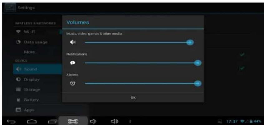 Settings WIRELESS & NETWORKS Wi-Fi Data usage More... OLVCS Sound Display Storage Battery Apps Volumes Music, video, games & other media 3 Notifications 4 Alarms 5 OK 17:37 / 12:44