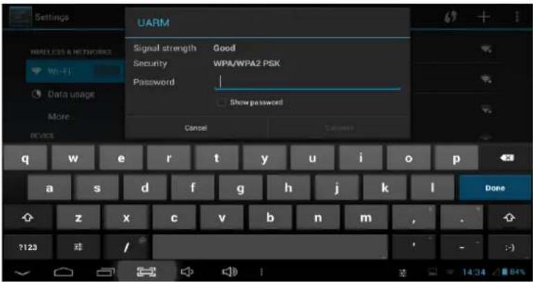 Settings UARM Signal strength Good Security WPA/WPA2 PSK Password Show password Cancel Done q w e r t y u i o p a s d f g h j k l Done z x c v b n m ?123 班 /