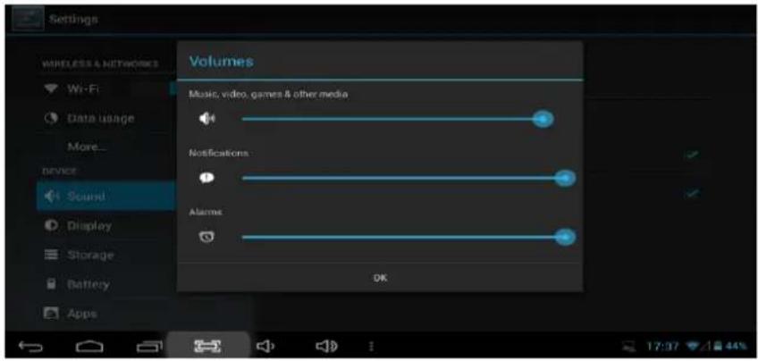 Settings WIRELESS & NETWORKS Wi-Fi Data usage More... service Sound Display Storage Battery Apps Volumes Music, video, games & other media Notifications Alarms OK