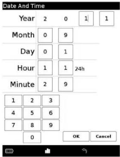 Date And Time Year 2 0 1 | 1 Month 0 9 Day 0 1 Hour 1 1 24h Minute 2 9 1 2 3 4 5 6 7 8 9 0 OK Cancel