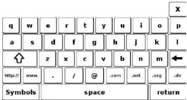 x q w e r t y u i o p a s d f g h j k l ↑ z x c v b n m ← http:// www. . / @ .com .net .org .de Symbols space return