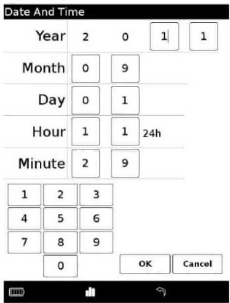 Date And Time Year 2 0 1 1 Month 0 9 Day 0 1 Hour 1 1 24h Minute 2 9 1 2 3 4 5 6 7 8 9 0 OK Cancel