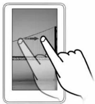 Diagram showing a hand pointing at a screen with measurement annotations and directional arrows, likely illustrating a touch or navigation interface.