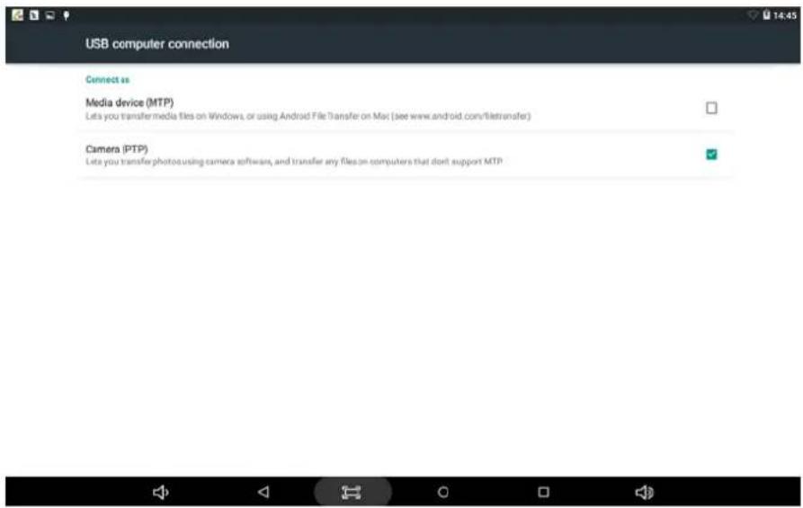 USB computer connection Connect as Media device (MTP) Let's you transfer media files on Windows, or using Android File Transfer on Mac (see www.android.com/filetransfer) Camera (PTP) Let's you transfer photos using camera software, and transfer any files on computers that don't support MTP