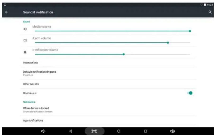 Sound & notification Sound Media volume Alarm volume Notification volume Interruptions Default notification ringtone Pine Dust Other sounds Boot music Notification When device is locked Show all notification content App notifications