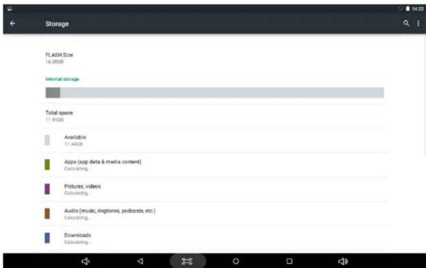 Storage FLASH Size 18.00GB Internal storage Total space 11.95GB Available 11.44GB Apps (app data & media content) Calculating... Pictures, videos Calculating... Audio (music, ringtones, podcasts, etc.) Calculating... Downloads Calculating...