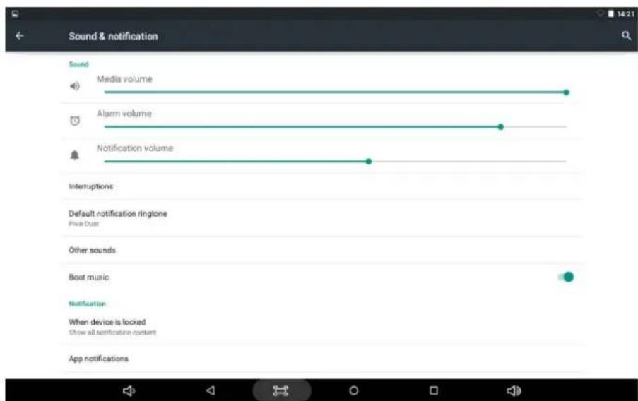Sound & notification Sound Media volume Alarm volume Notification volume Interruptions Default notification ringtone Price Dust Other sounds Boot music Notification When device is locked Show all notification content App notifications
