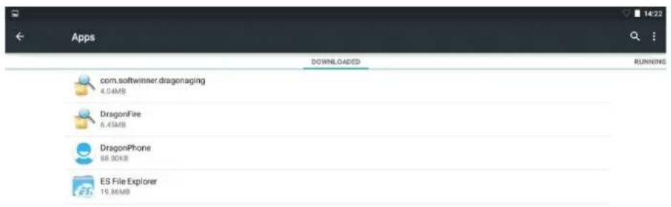 Apps DOWNLOADS RUNNING com.softwinner.dragonaging 4.04MB DragonFire 6.45MB DragonPhone 88.90KB ES File Explorer 15.86MB