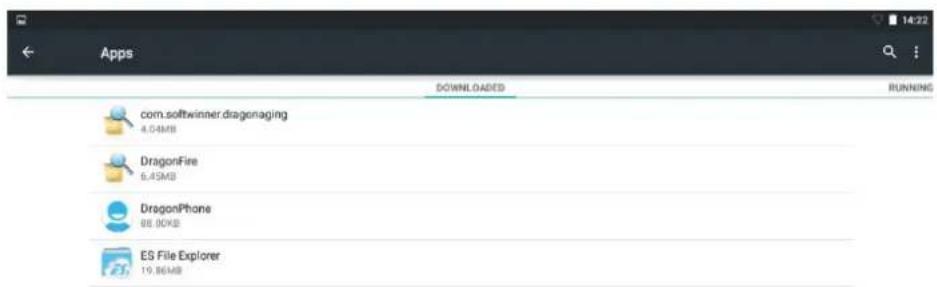 Apps DOWNLOADS RUNNING com.softwinner.dragonaging 4.04MB DragonFire 6.45MB DragonPhone 88.00KB ES File Explorer 19.86MB