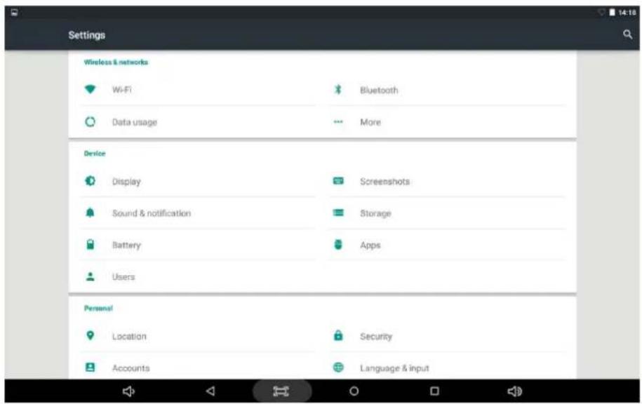 Settings Wireless & networks Wi-Fi Bluetooth Data usage More Device Display Screenshots Sound & notification Storage Battery Apps Users Personal Location Security Accounts Language & Input