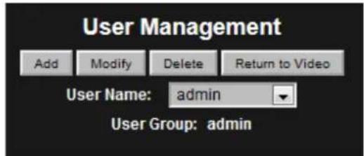 User Management Add Modify Delete Return to Video User Name: admin User Group: admin