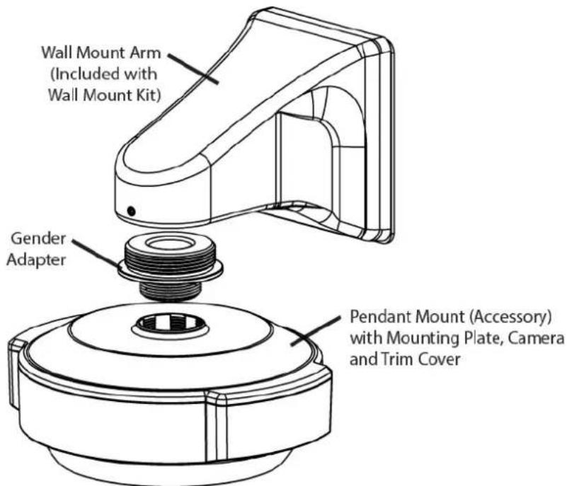 Wall Mount Arm (Included with Wall Mount Kit) Gender Adapter Pendant Mount (Accessory) with Mounting Plate, Camera and Trim Cover