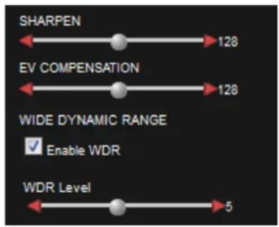 SHARPEN 128 EV COMPENSATION 128 WIDE DYNAMIC RANGE ✓ Enable WDR WDR Level 5