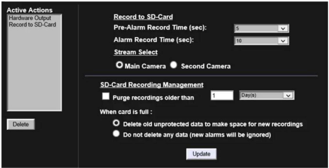 Active Actions Hardware Output Record to SD-Card Record to SD-Card Pre-Alarm Record Time (sec): 5 Alarm Record Time (sec): 10 Stream Select Main Camera Second Camera SD-Card Recording Management Purge recordings older than 1 Day(s) When card is full : Delete old unprotected data to make space for new recordings Do not delete any data (new alarms will be ignored) Update Delete