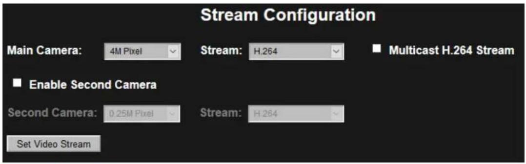 Stream Configuration Main Camera: 4M Pixel Stream: H.264 Multicast H.264 Stream ■ Enable Second Camera Second Camera: 0.25M Pixel Stream: H 264 Set Video Stream