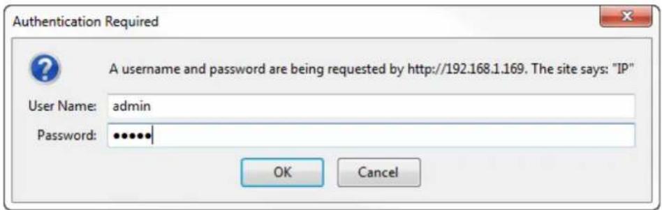 Authentication Required A username and password are being requested by http://192.168.1.169. The site says: "IP" User Name: admin Password: •••••• OK Cancel