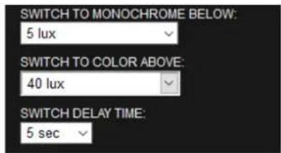 SWITCH TO MONOCHROME BELOW: 5 lux SWITCH TO COLOR ABOVE: 40 lux SWITCH DELAY TIME: 5 sec
