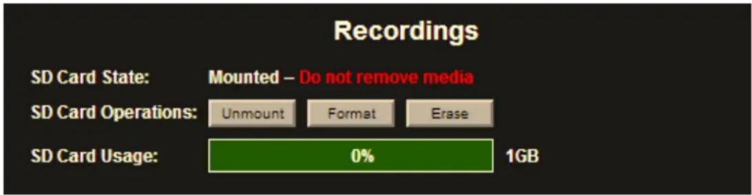 Recordings SD Card State: Mounted – Do not remove media SD Card Operations: Unmount Format Erase SD Card Usage: 0% 1GB