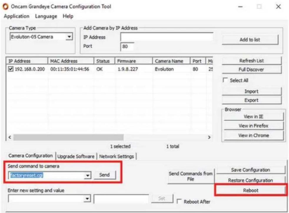 Oncam Grandeye Camera Configuration Tool Application Language Help Camera Type Evolution-05 Camera Add Camera by IP Address IP Address Port 80 Add to list IP Address MAC Address Status Firmware Camera Name Port Mi 192.168.0.200 00:11:35:01:44:56 OK 1.9.8.227 Evolution 80 25 1 selected 1 total Camera Configuration Upgrade Software Network Settings Send command to camera factor reset.co Send Enter new setting and value Send Commands from File Save Configuration Restore Configuration Reboot Set Reboot After