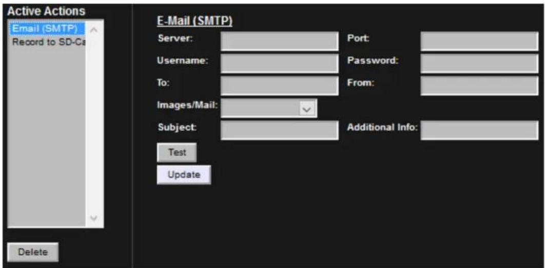 Active Actions Email (SMTP) Record to SD-Ca Delete E-Mail (SMTP) Server: Port: Username: Password: To: From: Images/Mail: ✓ Subject: Additional Info: Test Update