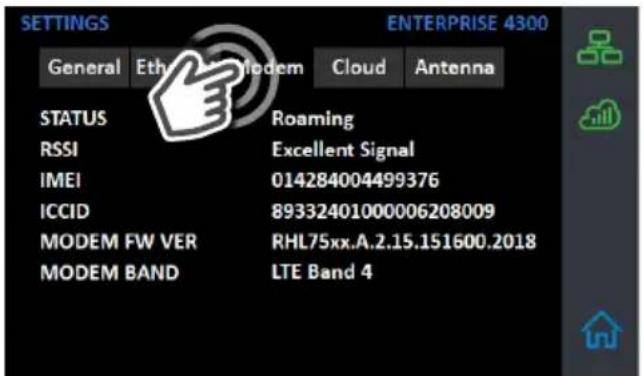 SETTINGS ENTERPRISE 4300 General Eth Modem Cloud Antenna STATUS Roaming RSSI Excellent Signal IMEI 014284004499376 ICCID 89332401000006208009 MODEM FW VER RHL75xx.A.2.15.151600.2018 MODEM BAND LTE Band 4