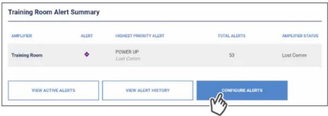 Training Room Alert Summary AMPLIFIER ALERT HIGHEST PRIORITY ALERT TOTAL ALERTS AMPLIFIER STATUS Training Room POWER UP 53(Lost Comm)Lost Comm VIEW ACTIVE ALERTS VIEW ALERT HISTORY CONFIGURE ALERTS