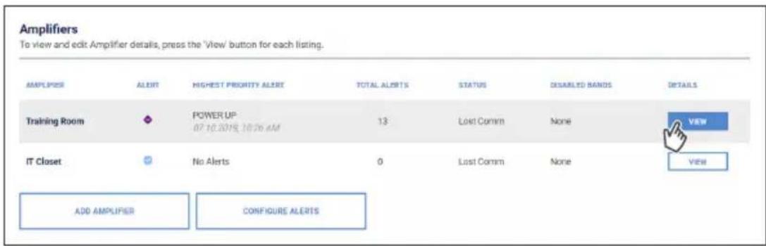 Amplifiers To view and edit Amplifier details, press the 'View' button for each listing. AMPLIFIER ALERT MIGHEST PRIORITY ALERT TOTAL ALERTS STATUS DISABLED HANDS DETAILS Training Room POWER UP 13 Last Comm None 07:10:2019, 10:26 AM IT Closet No Alerts 0 Last Comm None ADD AMPLIFIER CONFIGURE ALERTS VIEW VIEW