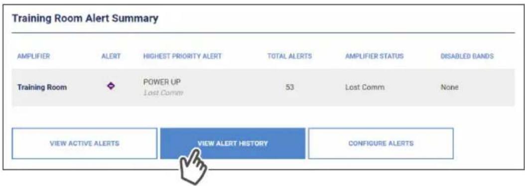 Training Room Alert Summary AMPLIFIER ALERT HIGHEST PRIORITY ALERT TOTAL ALERTS AMPLIFIER STATUS DISABLED BANDS Training Room POWER UP 53 Lost Comm None VIEW ACTIVE ALERTS VIEW ALERT HISTORY CONFIGURE ALERTS