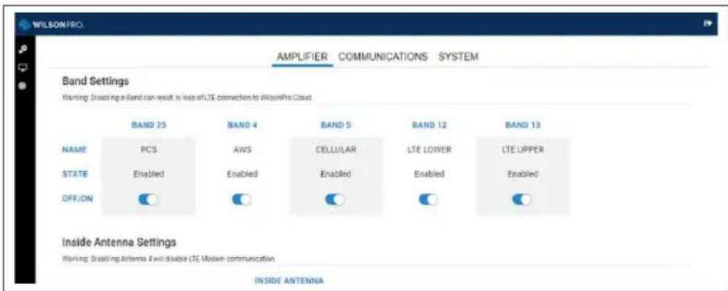 WILSONPRO AMPLIFIER COMMUNICATIONS SYSTEM Band Settings Warning: Dissetting a Band can result in loss of LTE connection to WilsonPro Cloud. BAND 25 BAND 4 BAND 5 BAND 12 BAND 13 NAME PCS AWS CELLULAR LTE LOWER LTE UPPER STATE Enabled Enabled Enabled Enabled Enabled OFF/ON Inside Antenna Settings Warning: Disiting Antenna 4 will disable LTE Medium communication INSIDE ANTENNA