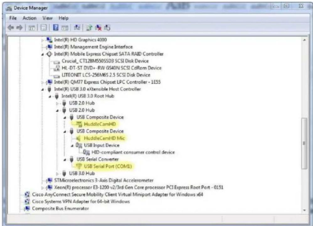 Device Manager File Action View Help Intel(R) HD Graphics 4000 Intel(R) Management Engine Interface Intel(R) Mobile Express Chipset SATA RAID Controller Crucial CT128M550SSD3 SCSI Disk Device HL-DT-ST DVD+ -RW GS40N SCSI CdRom Device LITEONIT LCS-256M6S 2.5 SCSI Disk Device Intel(R) QM77 Express Chipset LPC Controller - 1E55 Intel(R) USB 3.0 eXtensible Host Controller Intel(R) USB 3.0 Root Hub USB 2.0 Hub USB 2.0 Hub USB Composite Device HuddleCamHD USB Composite Device HuddleCamHD Mic USB Input Device HID-compliant consumer control device USB Serial Converter USB Serial Port (COM1) USB 3.0 Hub STMicroelectronics 3-Axis Digital Accelerometer Xeon(R) processor E3-1200 v2/3rd Gen Core processor PCI Express Root Port - 0151 Cisco AnyConnect Secure Mobility Client Virtual Miniport Adapter for Windows x64 Cisco Systems VPN Adapter for 64-bit Windows Composite Bus Enumerator