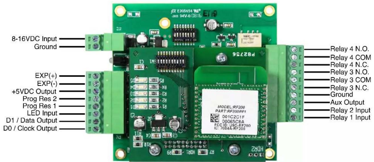8-16VDC Input Ground EXP(+) EXP(-) +5VDC Output Prog Res 2 Prog Res 1 LED Input D1 / Data Output D0 / Clock Output P82756 Model:RF200 PART:RF200PF1 001C2C1F 00065C8A FCC ID: U9G-RF200 IC: 7084A-RF200 Relay 4 N.O. Relay 4 COM Relay 4 N.C. Relay 3 N.O. Relay 3 COM Relay 3 N.C. Ground Aux Output Relay 2 Input Relay 1 Input