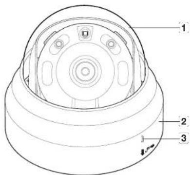 Technical diagram of a surveillance camera with numbered parts labeled 1, 2, and 3