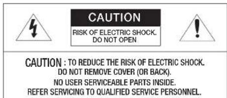 CAUTION RISK OF ELECTRIC SHOCK. DO NOT OPEN CAUTION : TO REDUCE THE RISK OF ELECTRIC SHOCK. DO NOT REMOVE COVER (OR BACK). NO USER SERVICEABLE PARTS INSIDE. REFER SERVICING TO QUALIFIED SERVICE PERSONNEL.