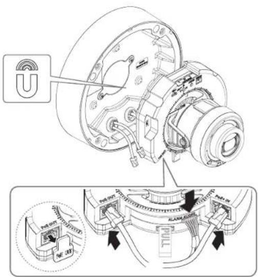 Technical diagram of a mechanical assembly with labeled components and a U-shaped component, including inset views showing internal components like 'FLAM' and 'NE 201'.