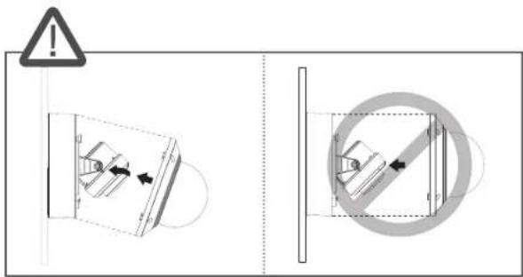 Technical diagram showing safety warning and mechanical component disassembly with directional arrows and a circular symbol indicating disassembly.