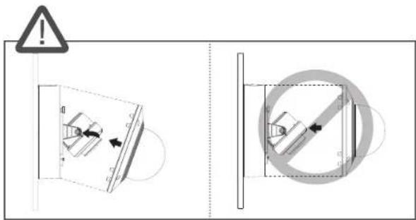 Technical diagram showing a warning sign and two mechanical components with directional arrows, one with a circular cross-section view.